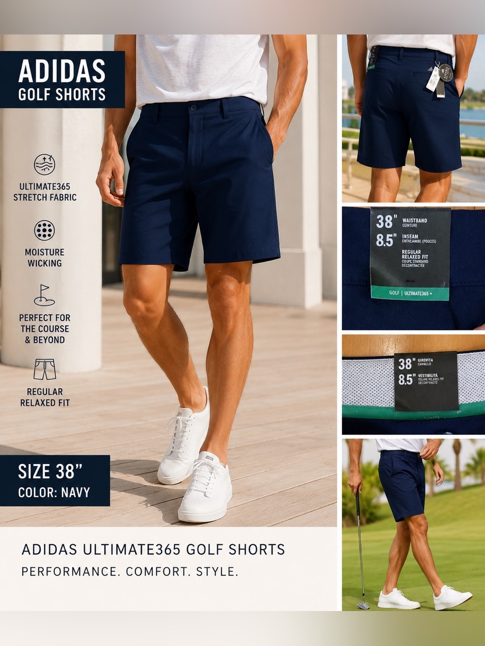 Adidas Ultimate365 Golf Shorts Navy 38 x 8.5” NWT Stretch Performance